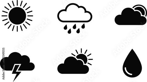Weather Forecast Icon Set with Sun Rain Clouds Lightning and Water Drop Vector Illustration Pack for Meteorology and Climate Design