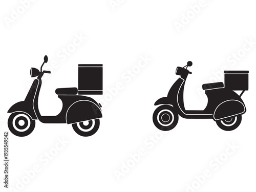 Two black silhouettes of scooters with delivery boxes on back for food delivery or courier services  side view  transportation icons