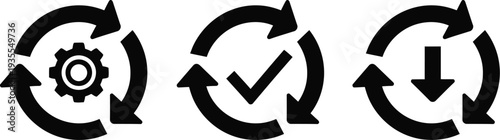 Three black and white recycling symbols with different icons inside