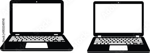 Two black laptops with white screens and keyboards side by side