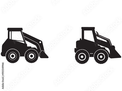 Two black silhouettes of wheel loaders or frontend loaders with buckets on white background for construction or industrial design  heavy equipment icons