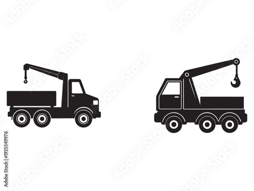 Two black silhouettes of trucks with cranes on the back used for towing and lifting heavy objects  construction vehicles