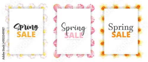 Set of three spring sale templates with floral frames. Seasonal discount promotion banners collection