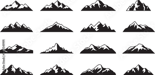 Professional pack of 16 snow-capped mountain icons. Premium vector set for high-quality maps, outdoor infographics, and branding in EPS and PSD formats.