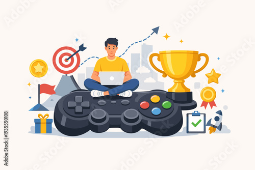 Gamification marketing strategy for customer engagement to achieve targets and win prizes, rewards, or challenges with man on giant game controller, trophy, and target flat vector illustration.