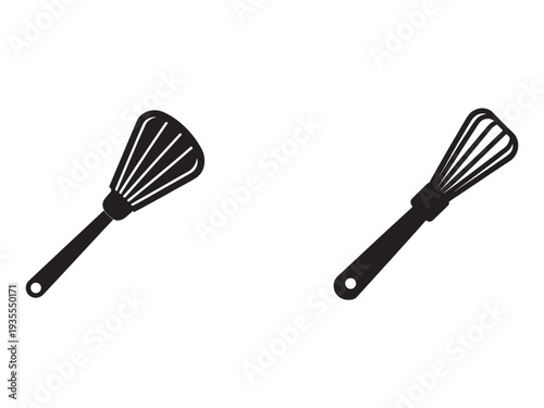 Two black silicone balloon whisks with handle and hole for hanging on white background  kitchen utensils for cooking and baking
