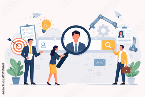 Recruitment and Hiring Concept with HR Professionals Searching for New Talent and Candidates Using a Magnifying Glass and Search Engine Interface for Career Growth and Employment Opportunities.