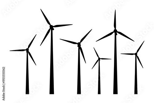 Silhouette of wind turbines against white background.
