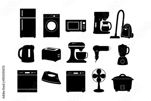 Collection of household appliances icons including refrigerator, washing machine, microwave, coffee maker.