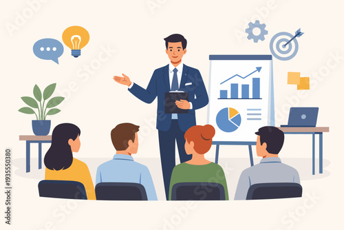 Business Presentation and Staff Training Seminar with Professional Coach Giving a Lecture to Employees in a Modern Office Workshop for Skill Development, Teamwork, and Corporate Education.