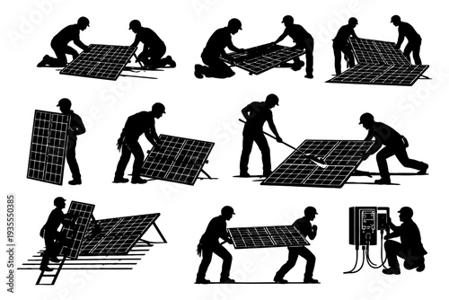 Silhouettes of workers installing and maintaining solar panels.