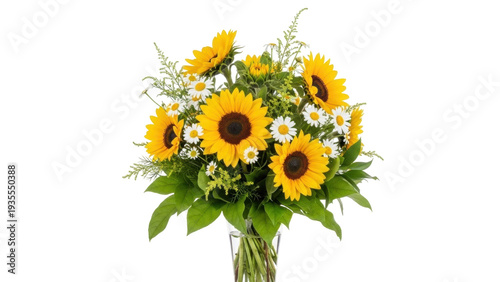 Valokuva Isolated bouquet of sunflowers and daisies in a vase, summer floral arrangement