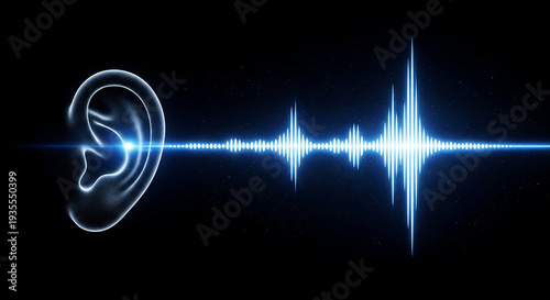 Ear and sound wave visualization representing the perception of auditory signals and sound frequency on a dark background