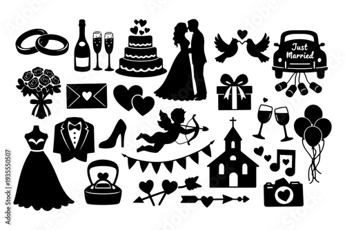 Wedding icons set: cake, rings, couple silhouette, dove, gifts, church.