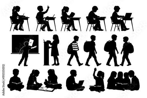Silhouette of diverse children in classroom activities and interactions.