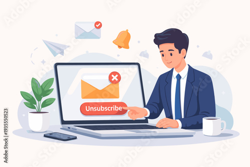 Businessman Clicking Unsubscribe Button on Laptop to Exit Mailing List and Cancel Email Subscription, Concept of Digital Marketing Opt-out, Inbox Management, and Reducing Spam Notifications.