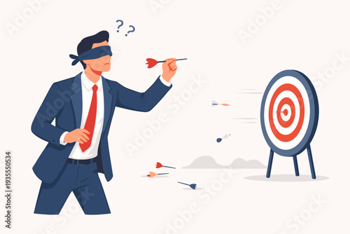 Blindfolded businessman in a suit throwing darts at a target, representing lack of vision, business failure, unclear goals, leadership mistakes, and strategic uncertainty in corporate world.