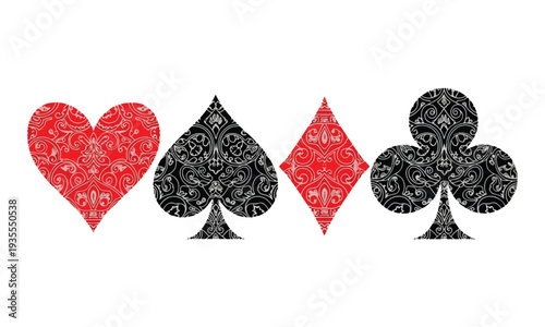 Ornate Playing Card Suits with Intricate Patterns on White Background