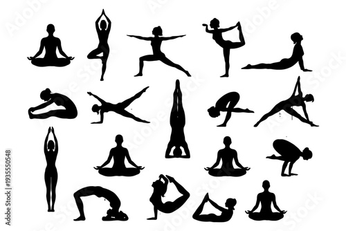 Silhouettes of female yoga poses in various asanas and stretches.
