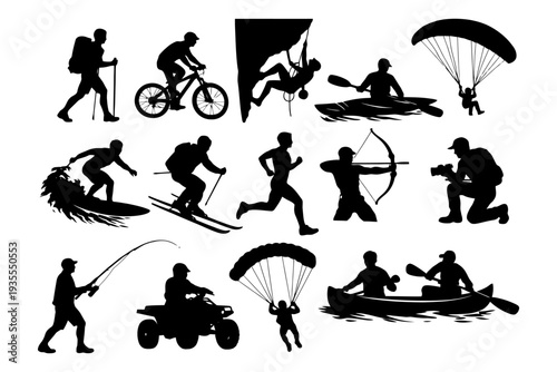 Silhouettes of outdoor adventure activities: hiking, cycling, climbing, kayaking, and more.