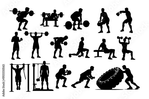 Silhouettes of diverse male workouts with weights and fitness activities.