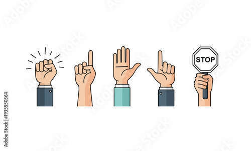 Revolution and Protest Hand Gestures with Stop Sign Icons
