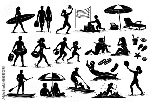 Silhouette beach activities with diverse people enjoying summer fun.