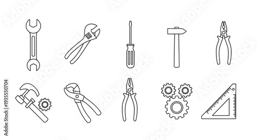 Collection of hand drawn tools and mechanical parts illustration.