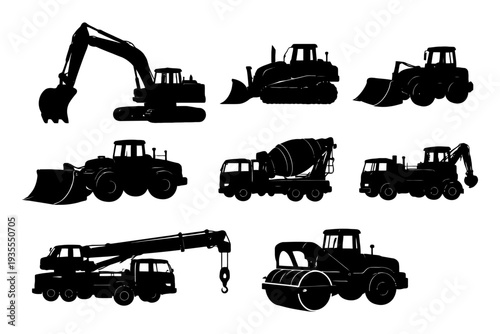 Silhouettes of various construction machinery on white background.