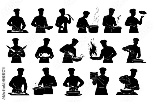 Silhouette chefs cooking: illustrations of culinary techniques and skills.