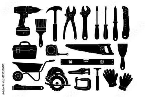 Silhouette collection of classic hand tools and construction equipment.