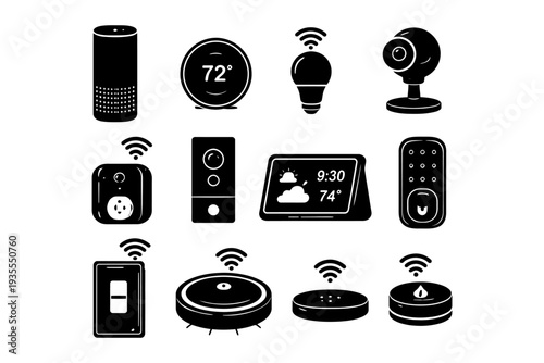 Smart home devices: voice assistants, thermostat, light bulb, camera, and more.