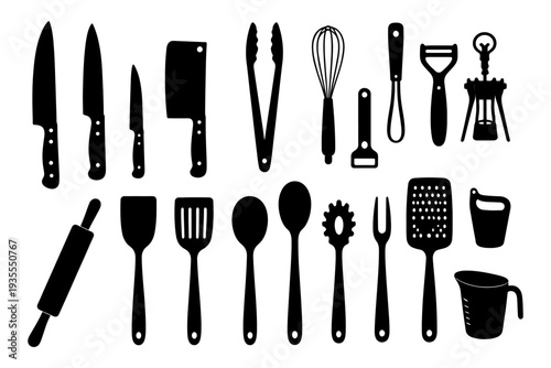 Silhouette collection of kitchen utensils and tools for cooking.