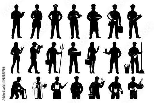 Diverse silhouettes of workers in various occupations and genders.
