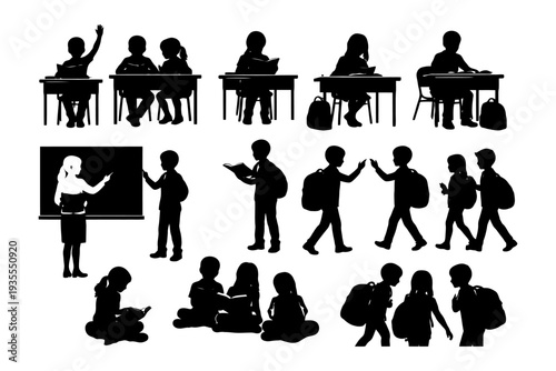 Silhouettes of school children and teacher engaged in classroom activities.