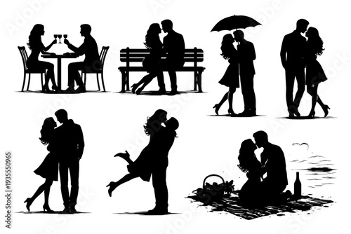 Romantic silhouettes of couples in various intimate settings.