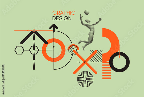 Art composition. Basketball player with ball in action. Sportsman jumping and want throw basketball ball. Cover design template. 3D illustration for brochure, poster, presentation, flyer or banner.