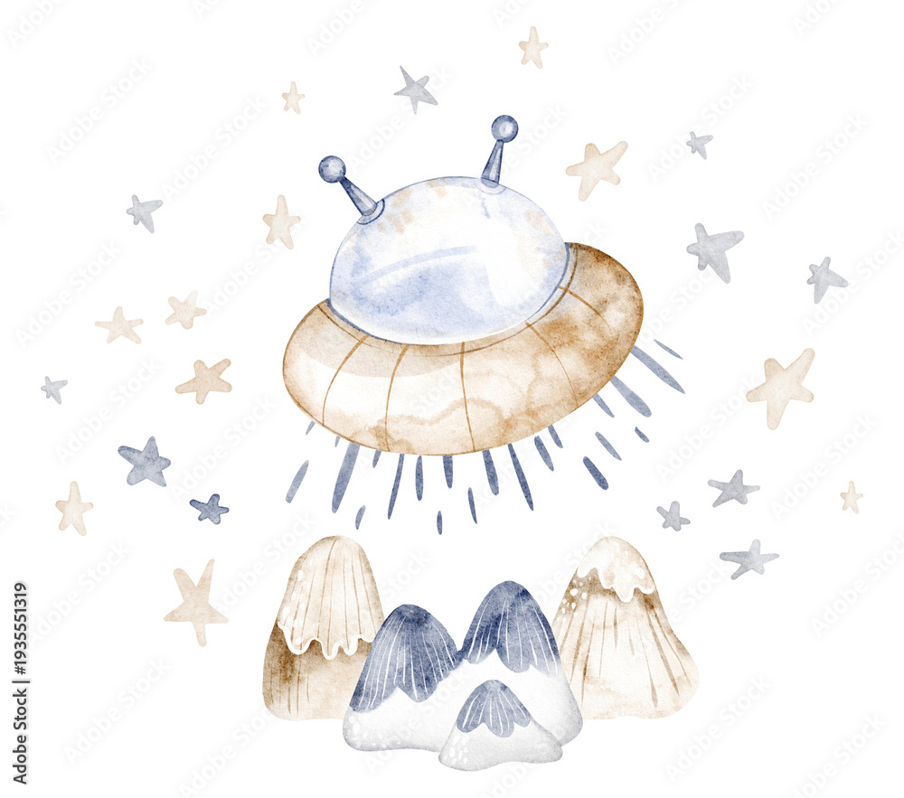 Fototapeta premium UFO illustration watercolor hand painted cartoon alien spaceship with hovering flight. Space spacecraft drawing isolated with star and mountains. Kids space design for poster, sticker, nursery art.