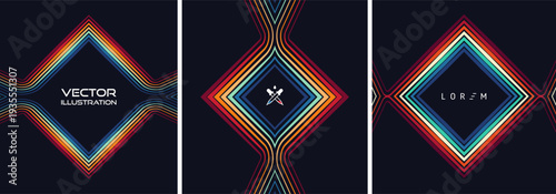 A colorful frame composed of multiple multicolored lines. Diamond shape. Glow effect. Neon stripes. Vector illustration for a brochure, poster, cover, postcard, flyer, banner, or presentation.