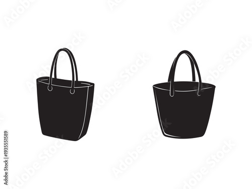 Two black tote bags with handles on white background  simple shopping bags