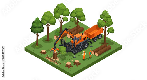 Isometric illustration of workers operating an orange excavator and truck in a forest clearing with trees and logs