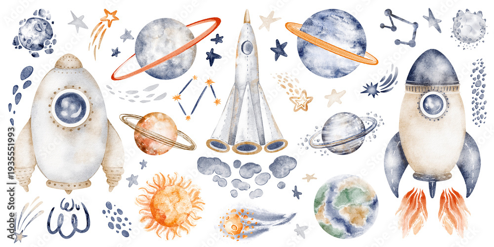 Fototapeta premium Rocket space illustration watercolor hand painted set with spaceship, galaxy, planet elements. Cartoon cosmic collection isolated on white. Perfect for kids design nursery wall art and clipart.