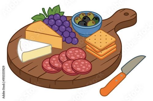 Cartoon hand drawn charcuterie board set featuring cheese, grapes, olives, crackers, and salami for an appetizer