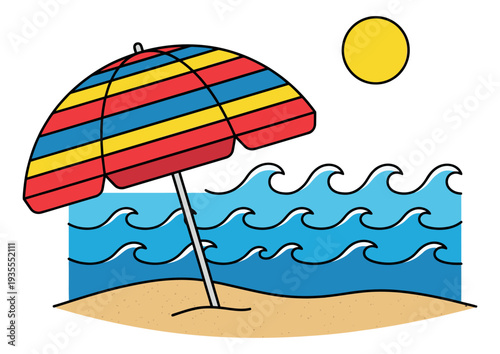 Colorful hand drawn illustration of a beach scene depicting a striped parasol on the sand with ocean waves and sun for summer vacation