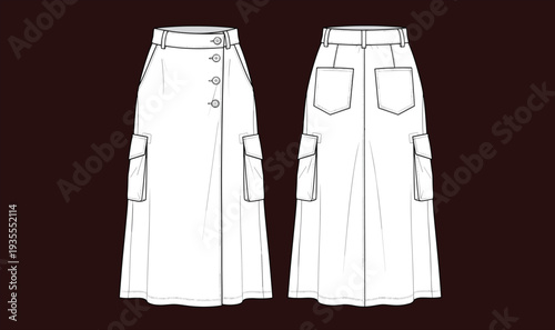 Cargo, skirt, technical, fashion, flat, sketch, front, back, view, long, utility, pockets, button, design, template, apparel, clothing, vector, illustration, isolated