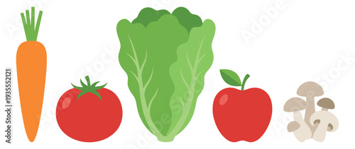 Colorful flat design fruits and vegetables set featuring a carrot, tomato, lettuce, apple, and mushrooms for healthy eating