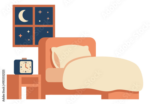 Flat design illustration of a cozy bedroom depicting a peaceful night scene for sleep and relaxation
