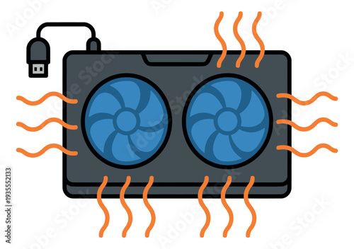 Line art illustration of a laptop cooling pad depicting heat dissipation for electronic devices