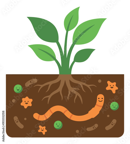 Simple illustration of a plant with roots and an earthworm depicting soil health for biology education