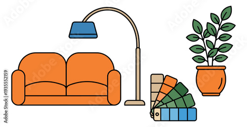 Modern line art home decor set featuring a sofa, floor lamp, potted plant, and color palette for interior design